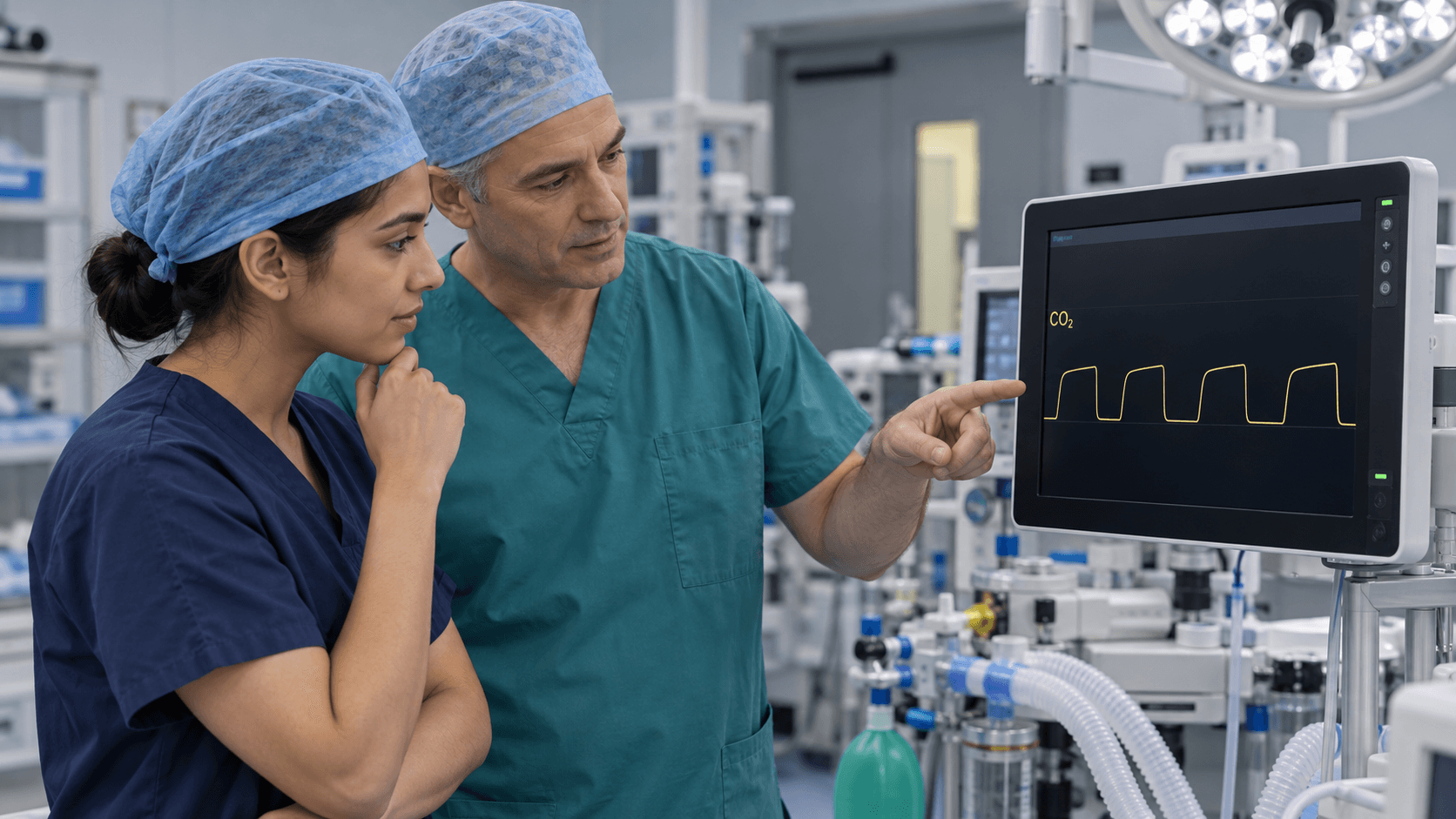 Anaesthetists reviewing a capnogram FRCAMCQ.com
